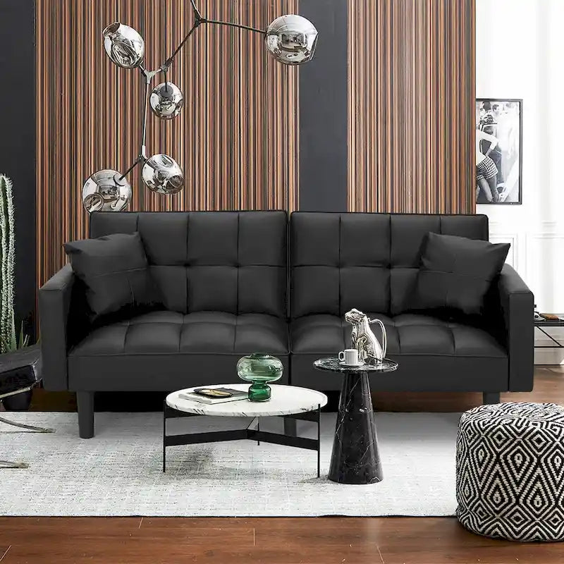 Canapé futon convertible avec dossier réglable, poches latérales et 2 oreillers