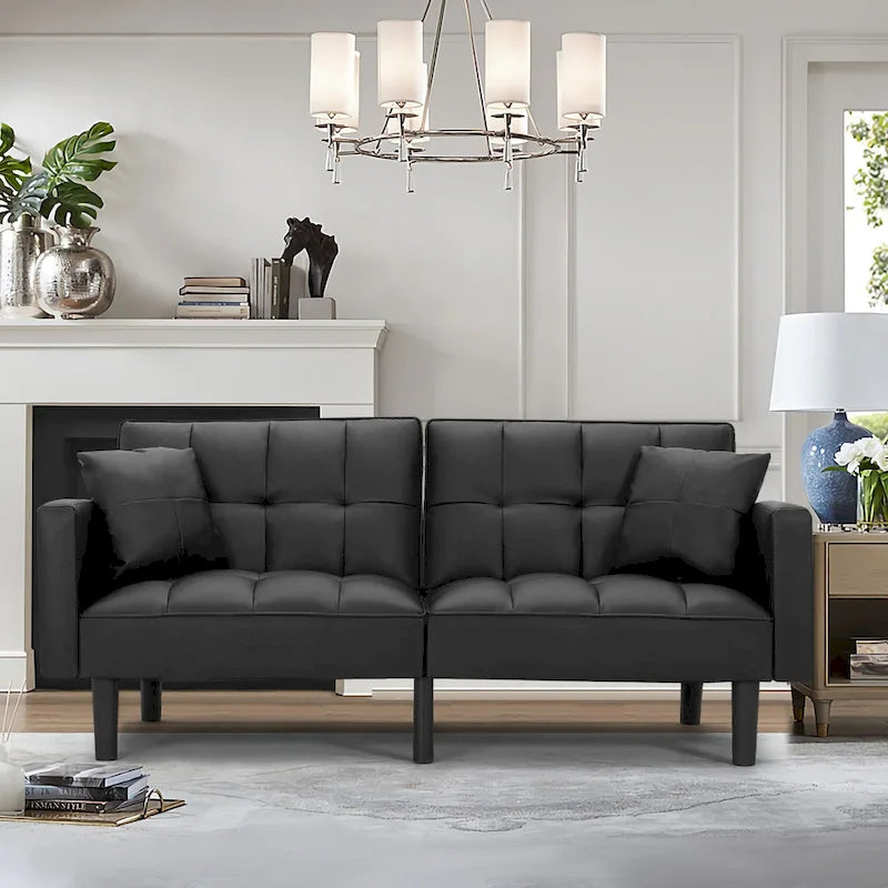 Canapé futon convertible avec dossier réglable, poches latérales et 2 oreillers