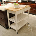 Desserte de cuisine roulante avec plateau en bois, placard et roulettes blocables