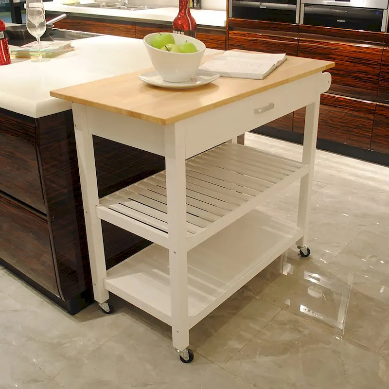 Desserte de cuisine roulante avec plateau en bois, placard et roulettes blocables