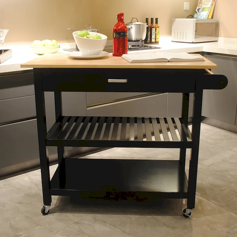 Desserte de cuisine roulante avec plateau en bois, placard et roulettes blocables