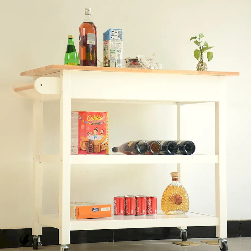 Desserte de cuisine roulante avec plateau en bois, placard et roulettes blocables