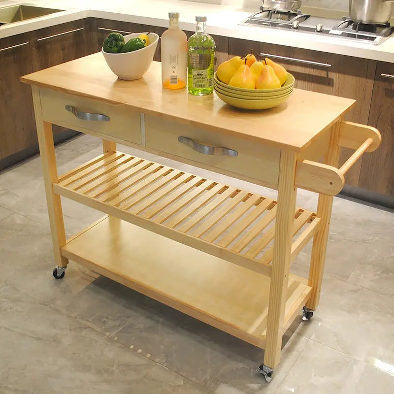 Desserte de cuisine roulante avec plateau en bois, placard et roulettes blocables