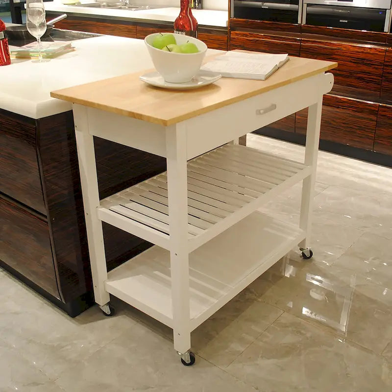 Desserte de cuisine roulante avec plateau en bois, placard et roulettes blocables
