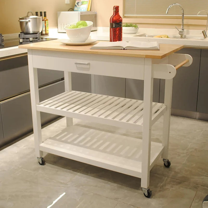 Desserte de cuisine roulante avec plateau en bois, placard et roulettes blocables