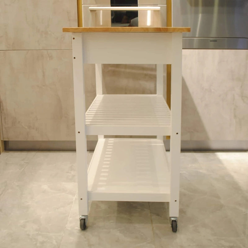 Desserte de cuisine roulante avec plateau en bois, placard et roulettes blocables