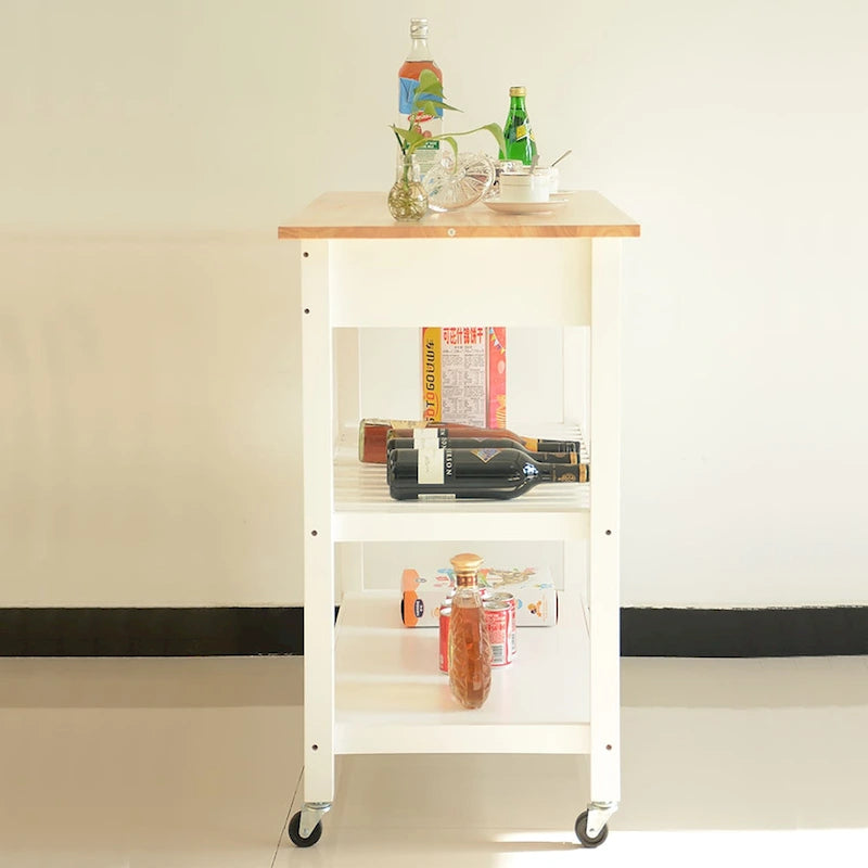 Desserte de cuisine roulante avec plateau en bois, placard et roulettes blocables
