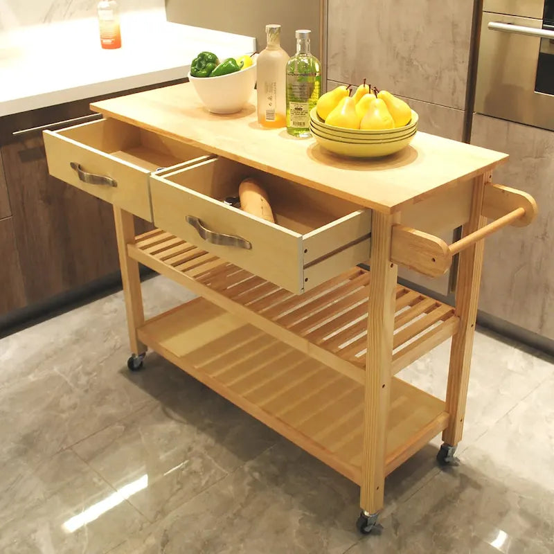 Desserte de cuisine roulante avec plateau en bois, placard et roulettes blocables
