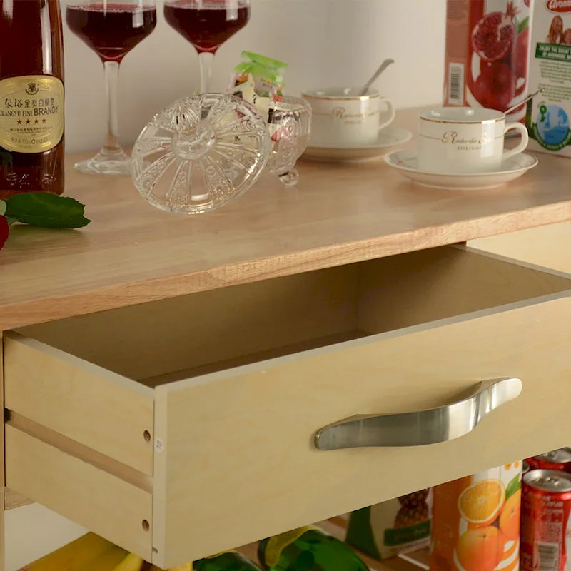 Desserte de cuisine roulante avec plateau en bois, placard et roulettes blocables