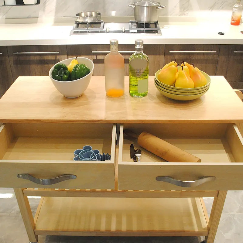 Desserte de cuisine roulante avec plateau en bois, placard et roulettes blocables