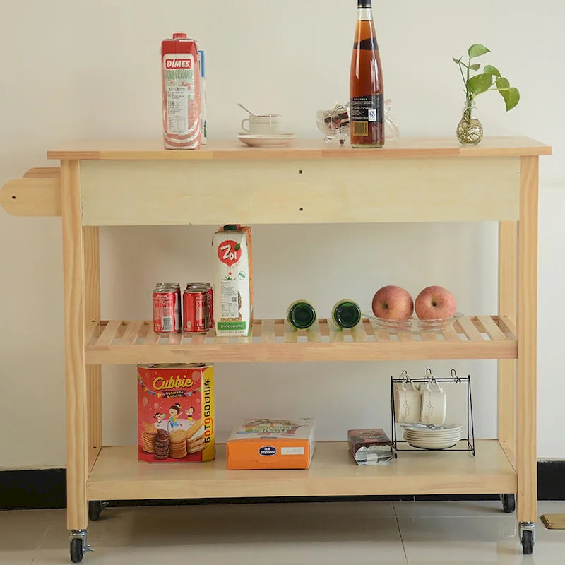 Desserte de cuisine roulante avec plateau en bois, placard et roulettes blocables