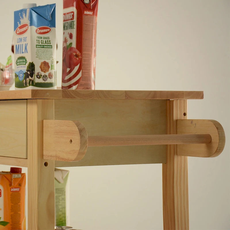 Desserte de cuisine roulante avec plateau en bois, placard et roulettes blocables