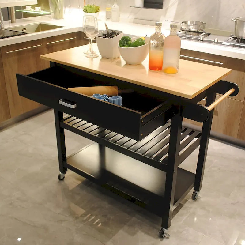 Desserte de cuisine roulante avec plateau en bois, placard et roulettes blocables