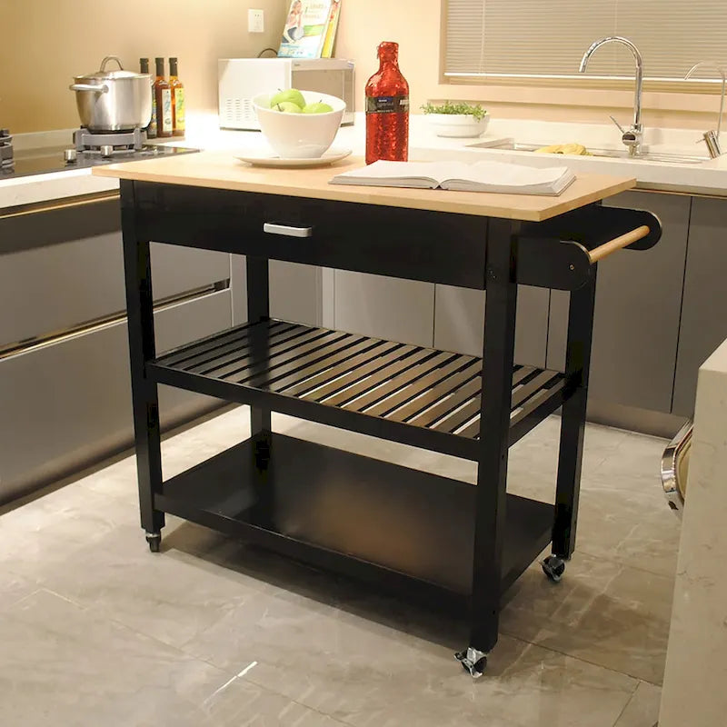 Desserte de cuisine roulante avec plateau en bois, placard et roulettes blocables