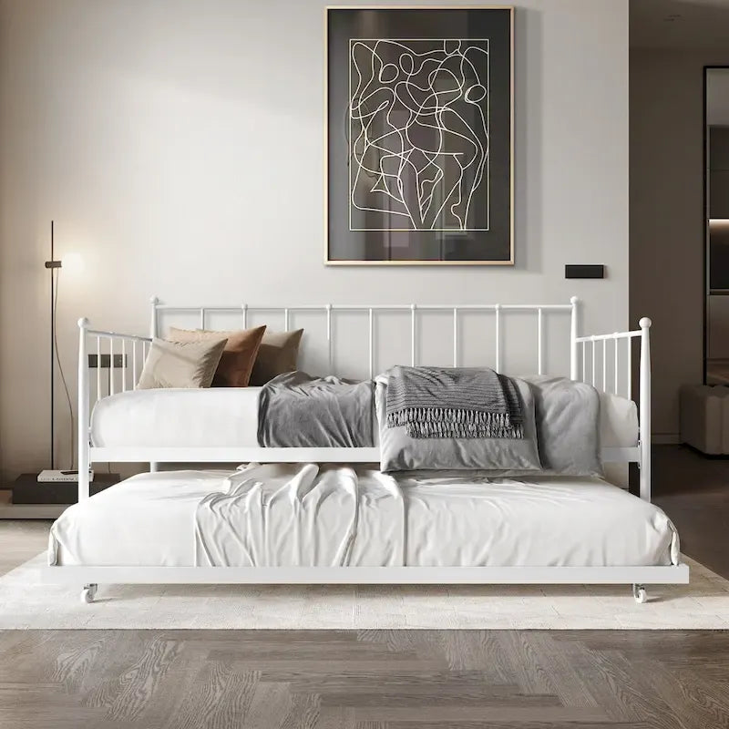 Lit de repos double minimaliste en métal avec lit gigogne - Aucun sommier tapissier requis | 3 couleurs