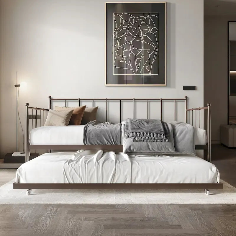 Lit de repos double minimaliste en métal avec lit gigogne - Aucun sommier tapissier requis | 3 couleurs