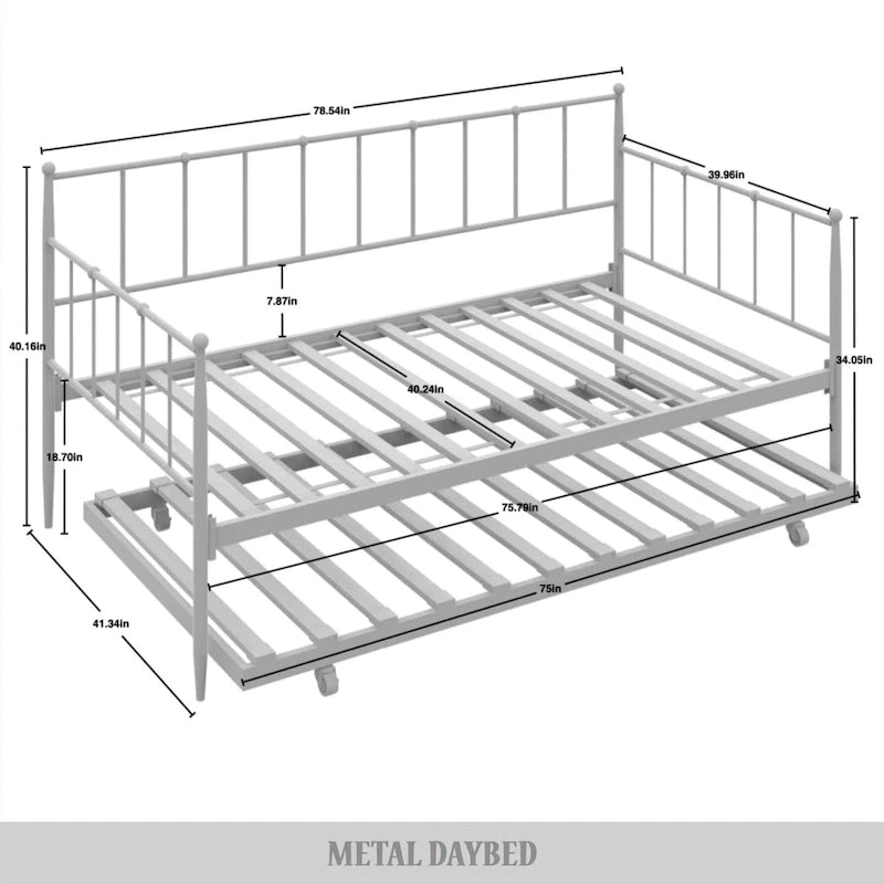 Lit de repos double minimaliste en métal avec lit gigogne - Aucun sommier tapissier requis | 3 couleurs
