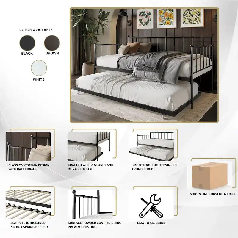 Lit de repos double minimaliste en métal avec lit gigogne - Aucun sommier tapissier requis | 3 couleurs