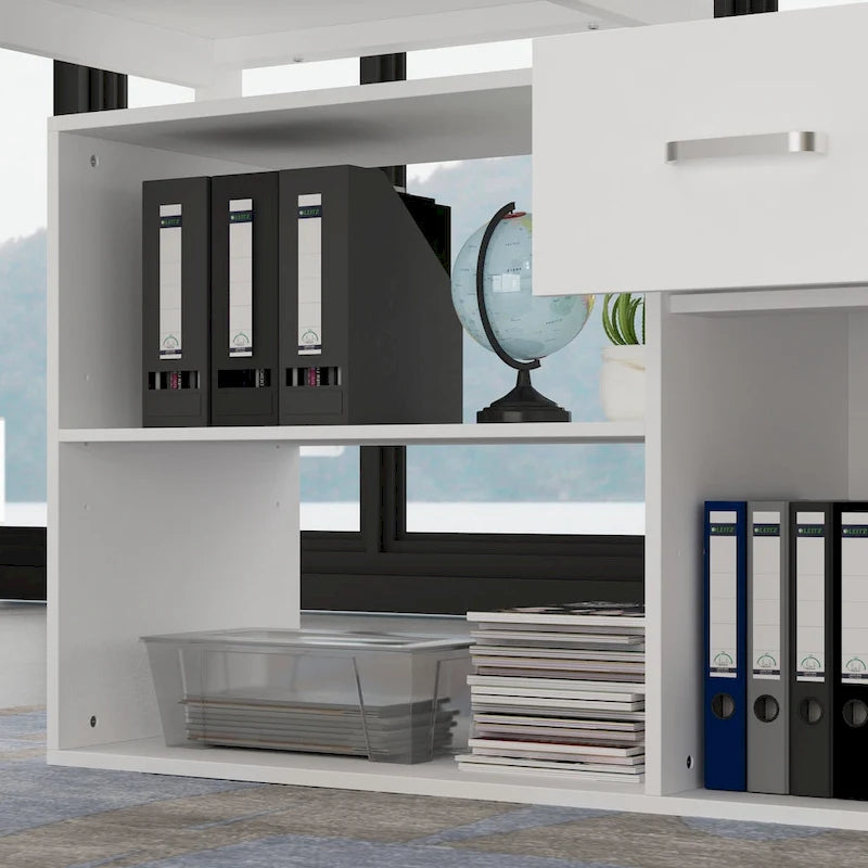 Bureau de direction en L avec caisson de rangement à tiroirs