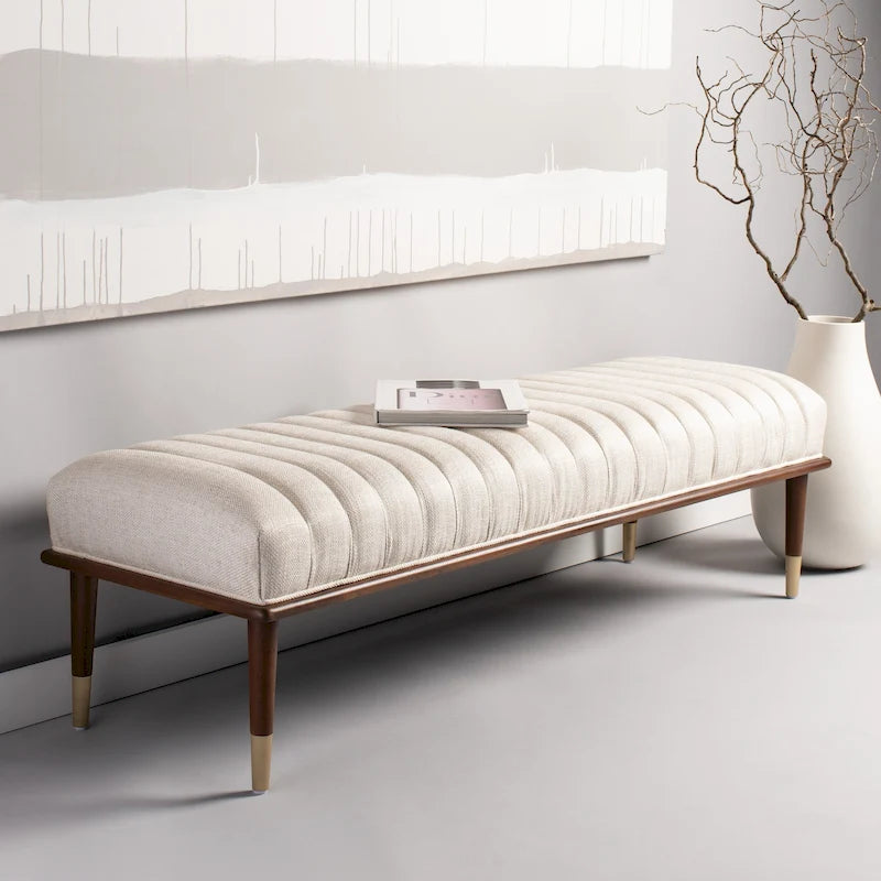Banc rembourré en lin style milieu de siècle avec pieds en bois à embouts en laiton