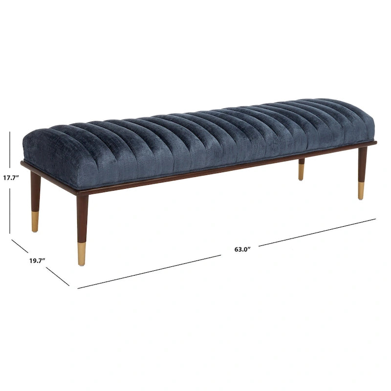Banc rembourré en lin style milieu de siècle avec pieds en bois à embouts en laiton
