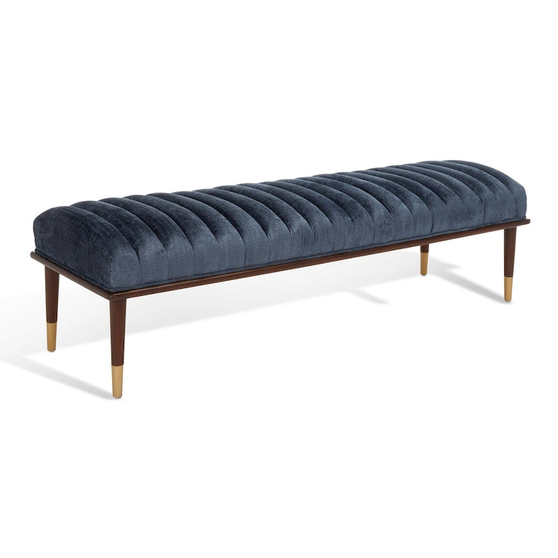 Banc rembourré en lin style milieu de siècle avec pieds en bois à embouts en laiton