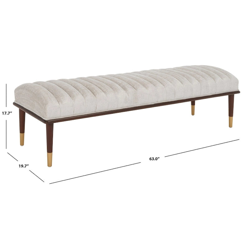 Banc rembourré en lin style milieu de siècle avec pieds en bois à embouts en laiton