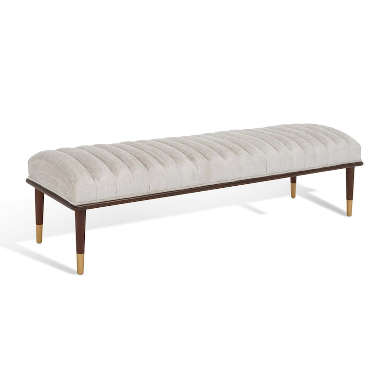 Banc rembourré en lin style milieu de siècle avec pieds en bois à embouts en laiton