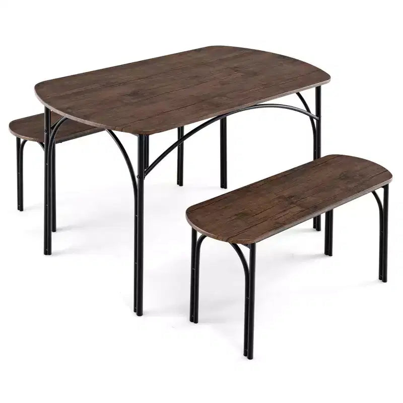 Costway 3 PCS 48 Dining Table Set for 4Rectangular Table & 2 Benches with Metal Frame
