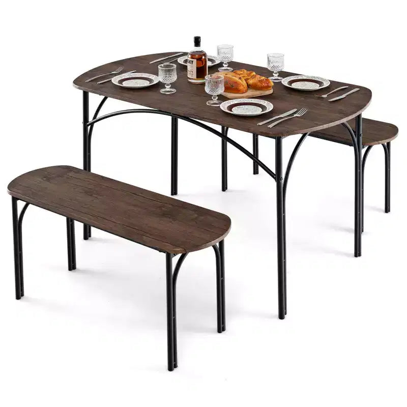 Costway 3 PCS 48 Dining Table Set for 4Rectangular Table & 2 Benches with Metal Frame
