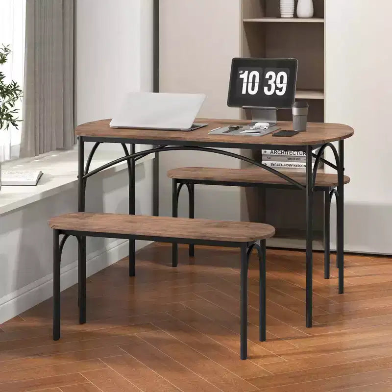 Costway 3 PCS 48 Dining Table Set for 4Rectangular Table & 2 Benches with Metal Frame