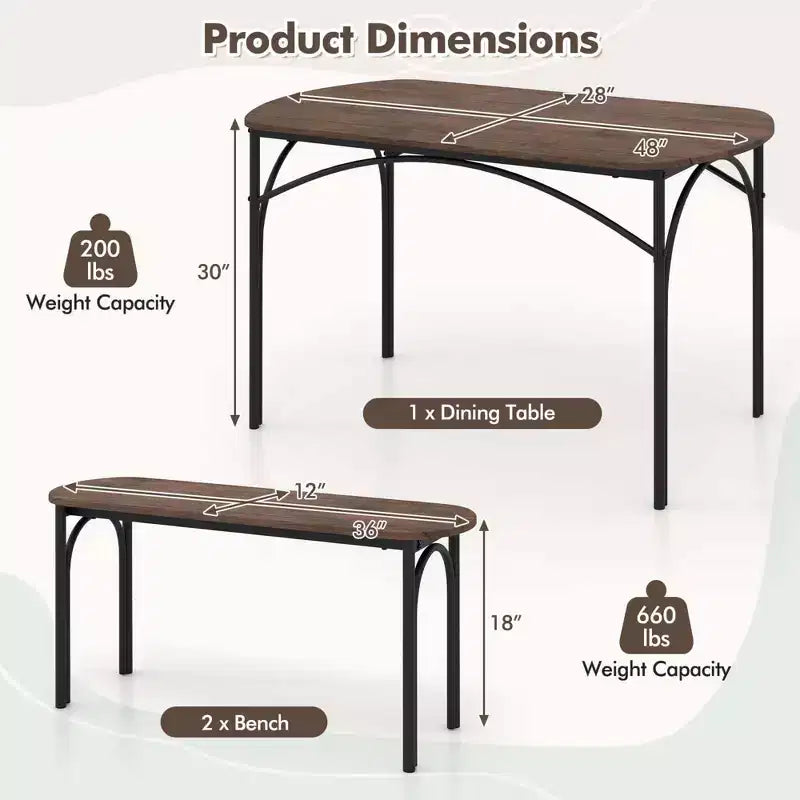 Costway 3 PCS 48 Dining Table Set for 4Rectangular Table & 2 Benches with Metal Frame