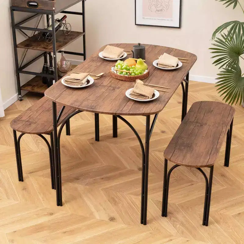 Costway 3 PCS 48 Dining Table Set for 4Rectangular Table & 2 Benches with Metal Frame