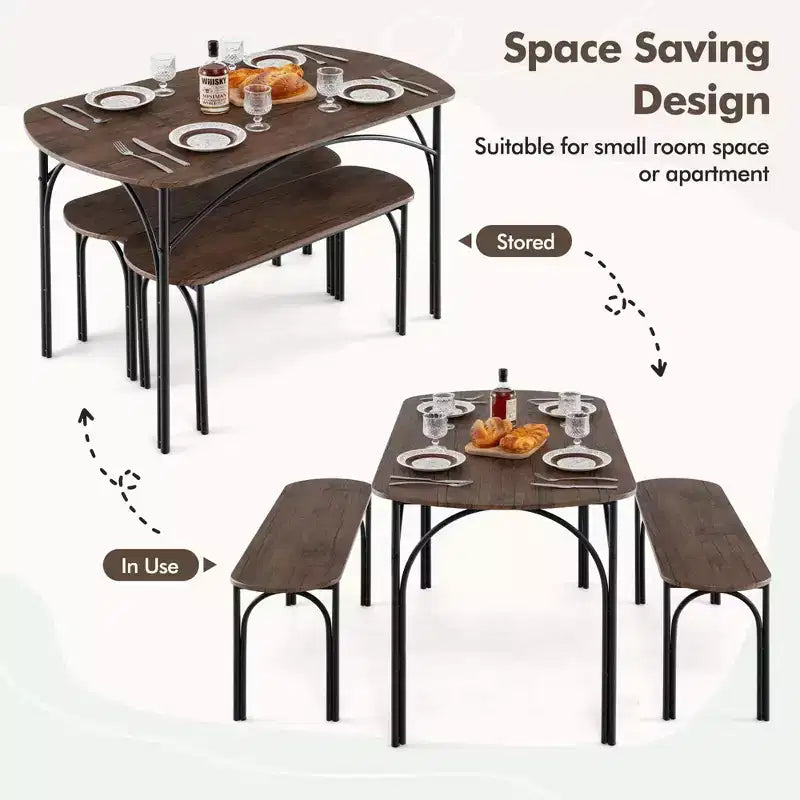 Costway 3 PCS 48 Dining Table Set for 4Rectangular Table & 2 Benches with Metal Frame