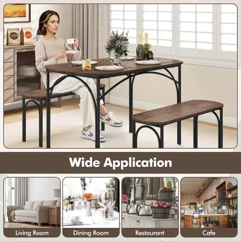 Costway 3 PCS 48 Dining Table Set for 4Rectangular Table & 2 Benches with Metal Frame