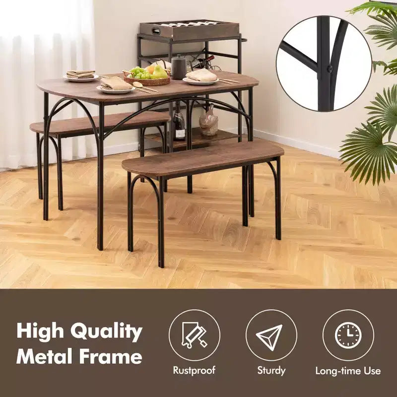 Costway 3 PCS 48 Dining Table Set for 4Rectangular Table & 2 Benches with Metal Frame