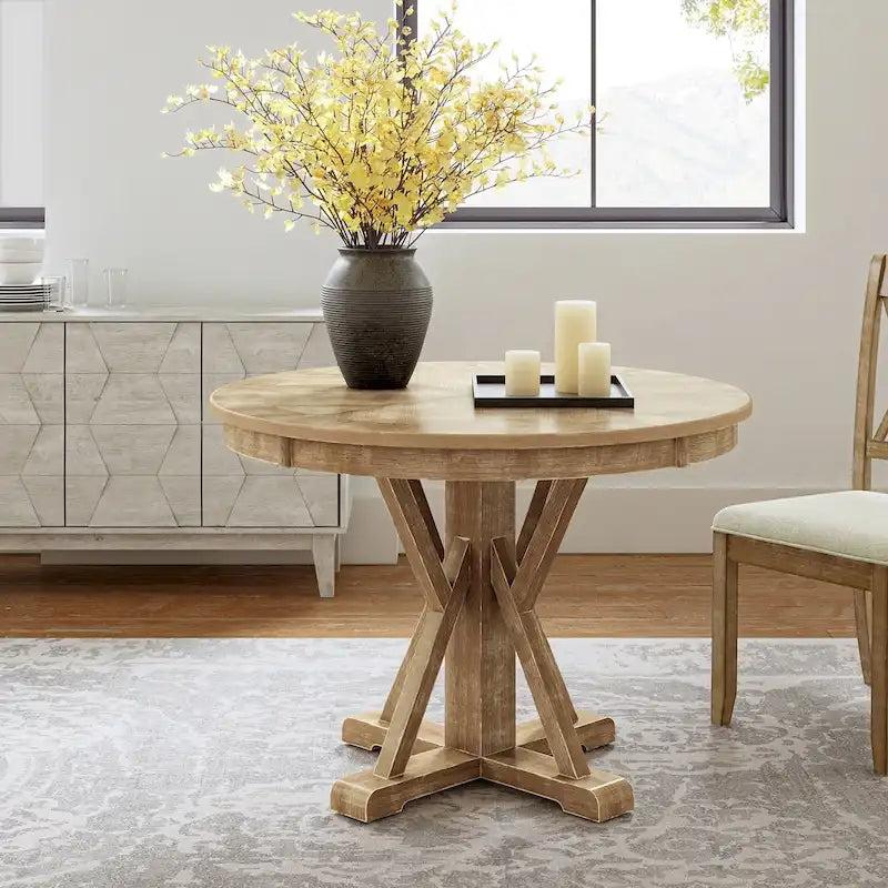 Table à manger ronde de style rustique pour 4 personnes avec piètement en croix et cadre en bois massif