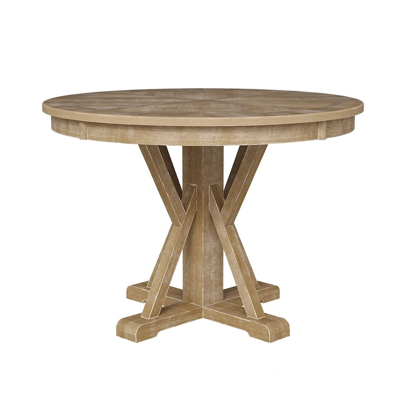 Table à manger ronde de style rustique pour 4 personnes avec piètement en croix et cadre en bois massif