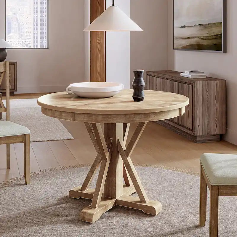 Table à manger ronde de style rustique pour 4 personnes avec piètement en croix et cadre en bois massif