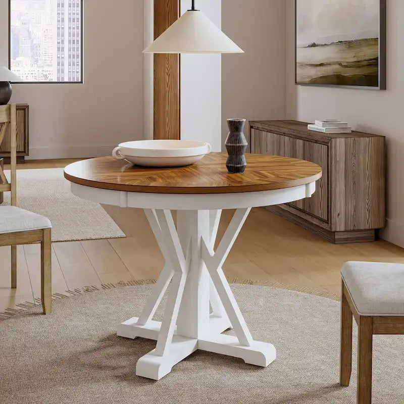 Table à manger ronde de style rustique pour 4 personnes avec piètement en croix et cadre en bois massif