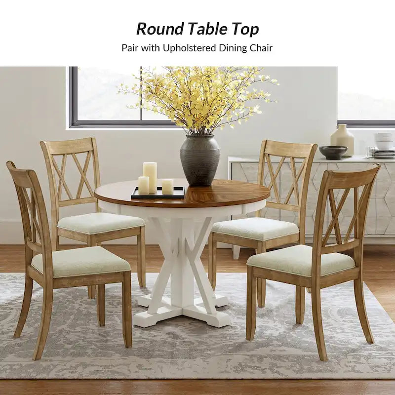 Table à manger ronde de style rustique pour 4 personnes avec piètement en croix et cadre en bois massif