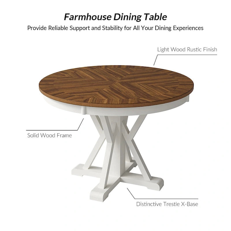 Table à manger ronde de style rustique pour 4 personnes avec piètement en croix et cadre en bois massif