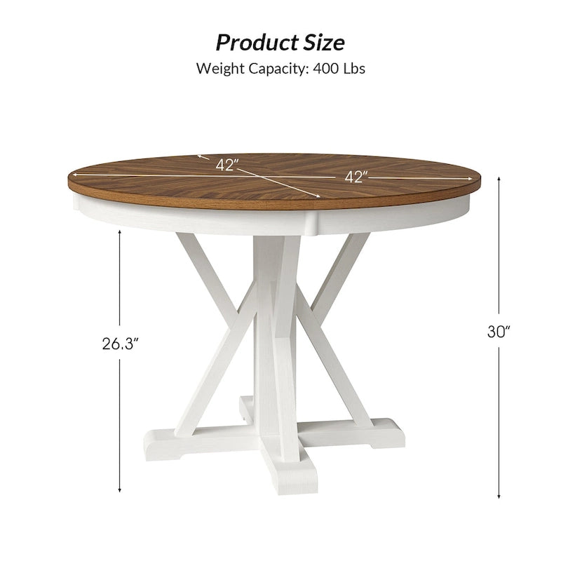 Table à manger ronde de style rustique pour 4 personnes avec piètement en croix et cadre en bois massif
