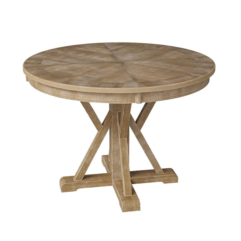 Table à manger ronde de style rustique pour 4 personnes avec piètement en croix et cadre en bois massif