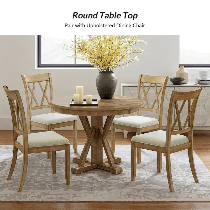 Table à manger ronde de style rustique pour 4 personnes avec piètement en croix et cadre en bois massif