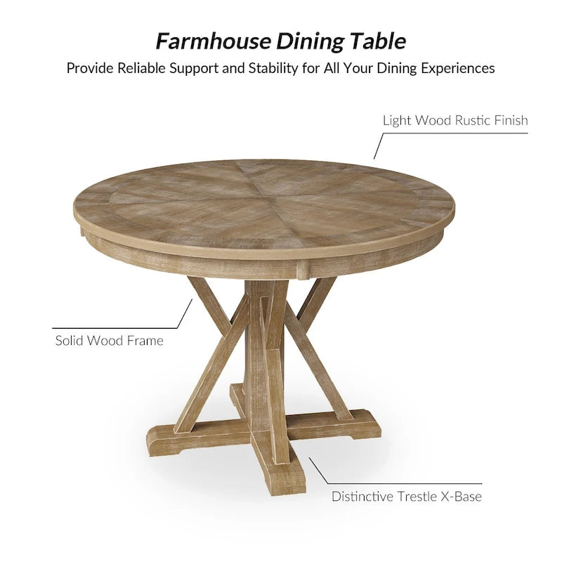 Table à manger ronde de style rustique pour 4 personnes avec piètement en croix et cadre en bois massif