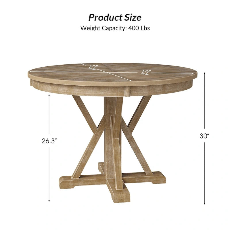 Table à manger ronde de style rustique pour 4 personnes avec piètement en croix et cadre en bois massif