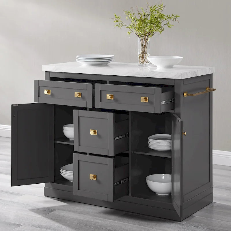 Îlot de cuisine moderne avec plateau en faux marbre, 4 tiroirs et quincaillerie en laiton brossé