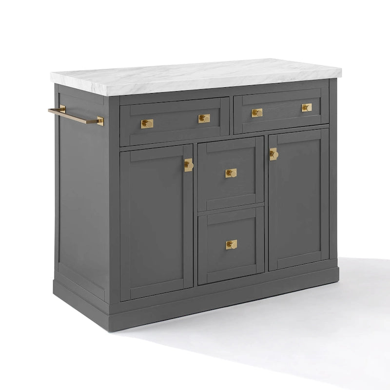 Îlot de cuisine moderne avec plateau en faux marbre, 4 tiroirs et quincaillerie en laiton brossé