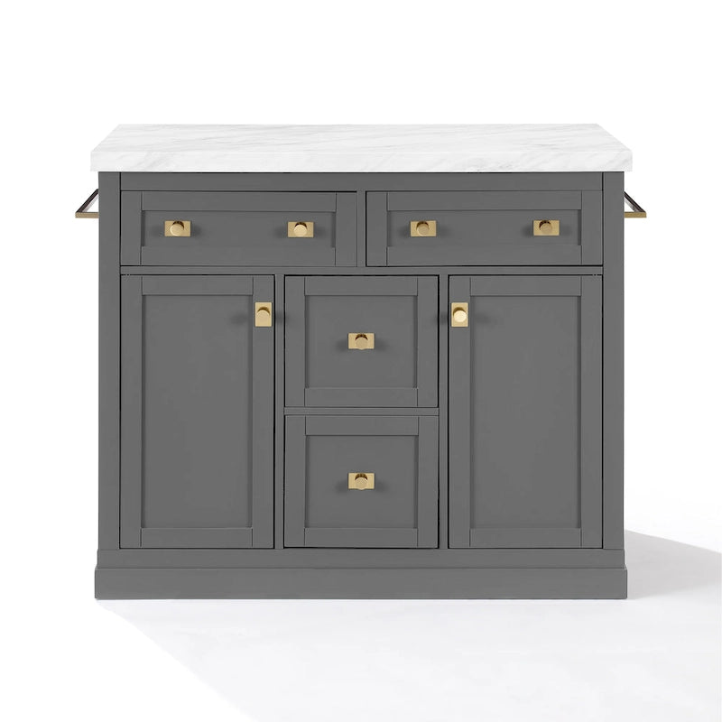 Îlot de cuisine moderne avec plateau en faux marbre, 4 tiroirs et quincaillerie en laiton brossé